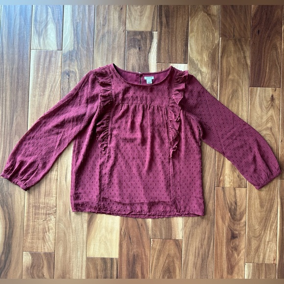 J. Crew Burgundy Long Sleeve Ruffle Oversized Blouse size 6 - Picture 1 of 7